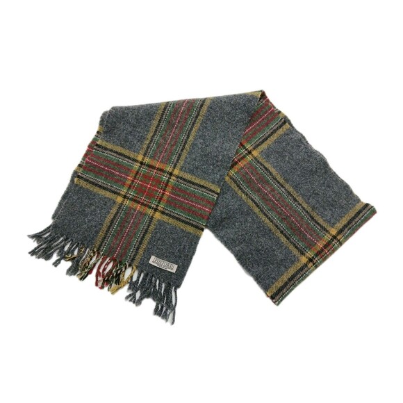 Foxford Scarf Lambswool Checked Tartan  Fringed Plaid Ireland Gray Red Green - Picture 1 of 4
